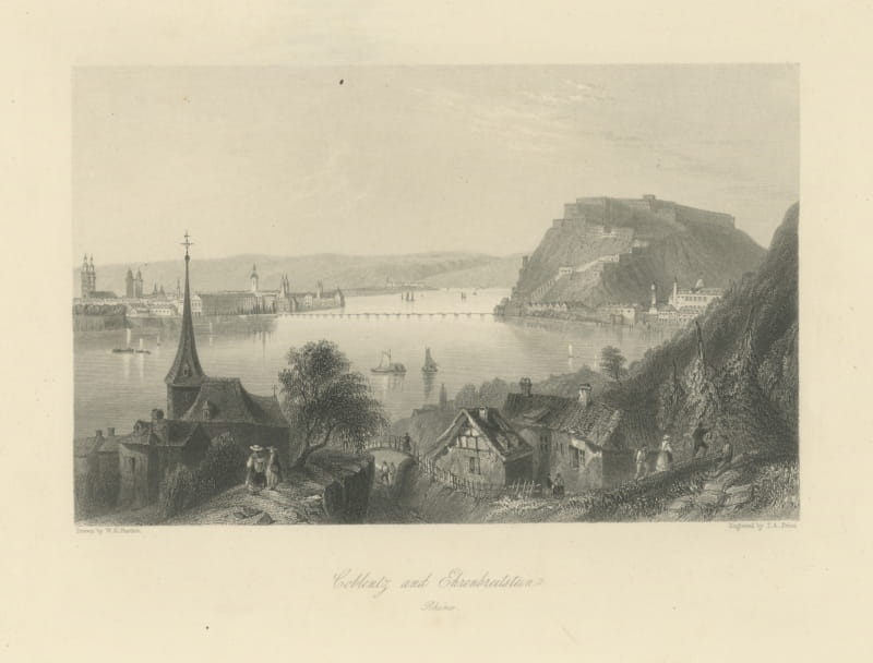 Coblentz and Ehrenbreitstein, Rhine, Steel Engraving after Bartlett, c. 1845
