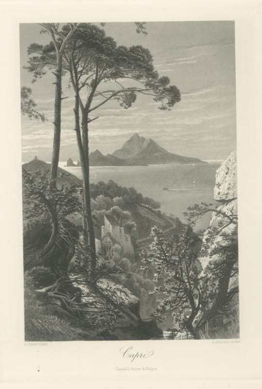 Capri, Bay of Naples, Antique Steel Engraving after H. Fenn, circa 1878