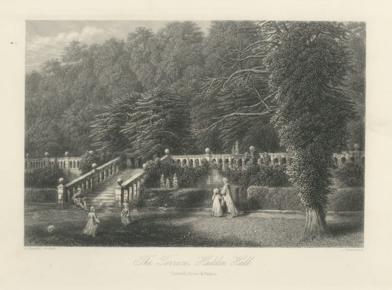Terrace, Haddon Hall, Derbyshire, Antique Engraving after J. Chase, circa 1876