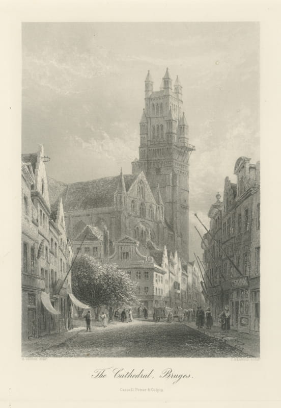 The Cathedral, Bruges, Antique Steel Engraving after E. George, circa 1878