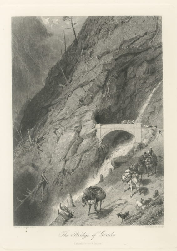 Bridge of Gondo, Simplon Pass, Antique Engraving after Birket Foster, circa 1878