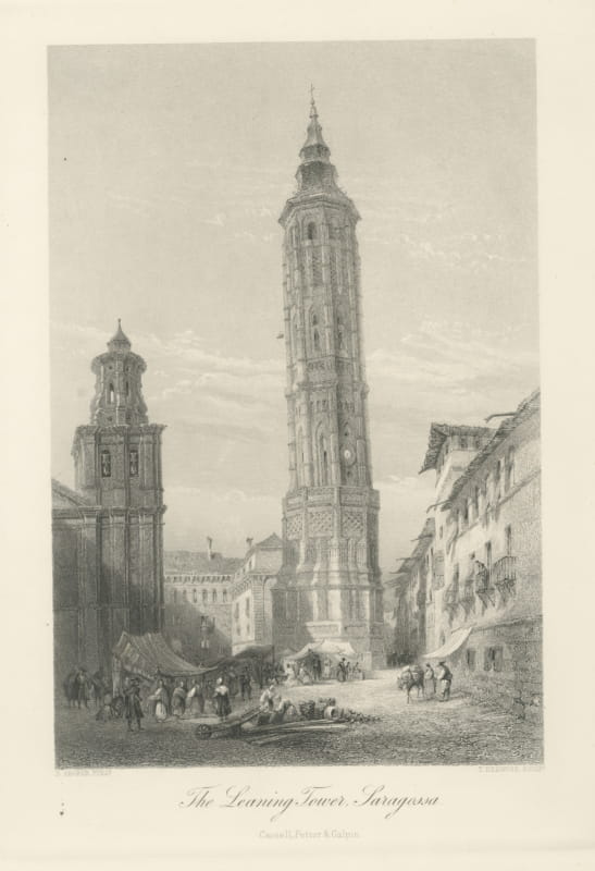 Leaning Tower, Saragossa, Spain, Antique Engraving after E. George, circa 1878