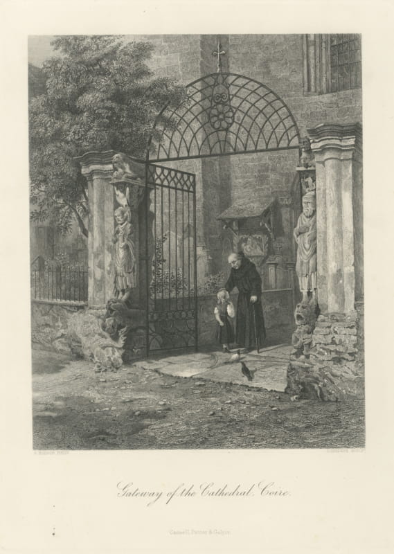 Cathedral Gateway, Chur, Antique Steel Engraving after S. Hodson, circa 1876