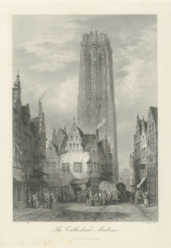 Malines Cathedral, Belgium, Antique Steel Engraving by J.J. Crew, circa 1877