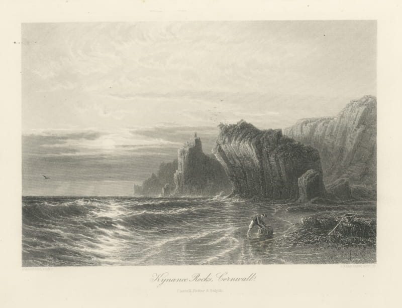 Kynance Rocks, Cornwall, Antique Steel Engraving after John Mogford, circa 1876
