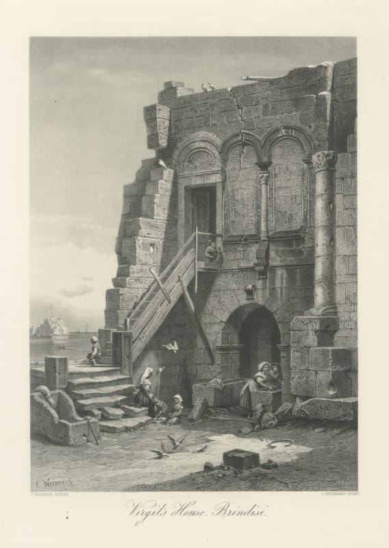Virgil's House, Brindisi, Antique Steel Engraving after C. Werner, circa 1877