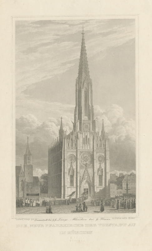 Mariahilfkirche, Au, Munich, Antique Steel Engraving after L. Lange, circa 1840