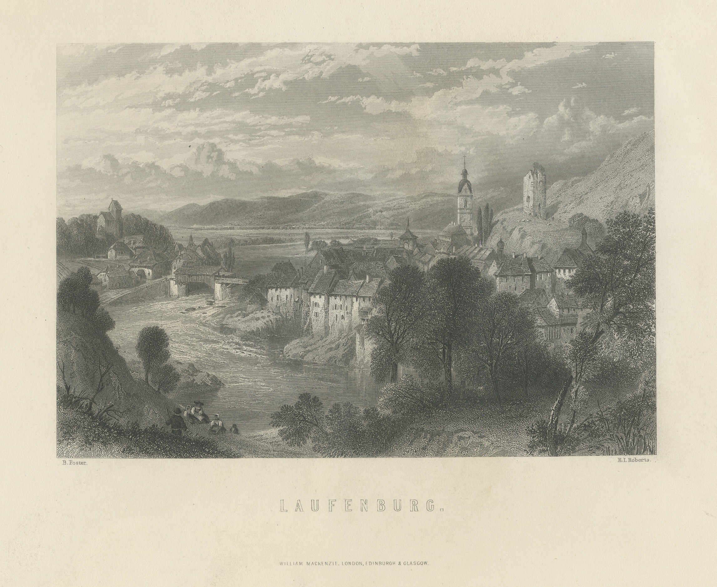 Laufenburg on the Rhine, Antique Steel Engraving after Birket Foster, c. 1872
