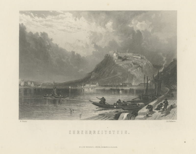 Ehrenbreitstein, Rhine, Antique Steel Engraving after Birket Foster, circa 1875