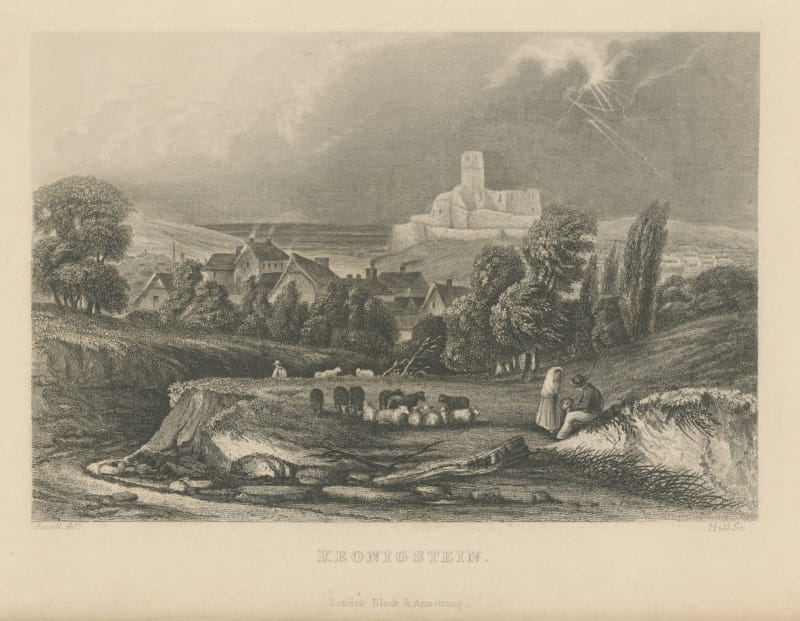 Königstein with Castle Ruin, Antique Steel Engraving after Fussell, circa 1840