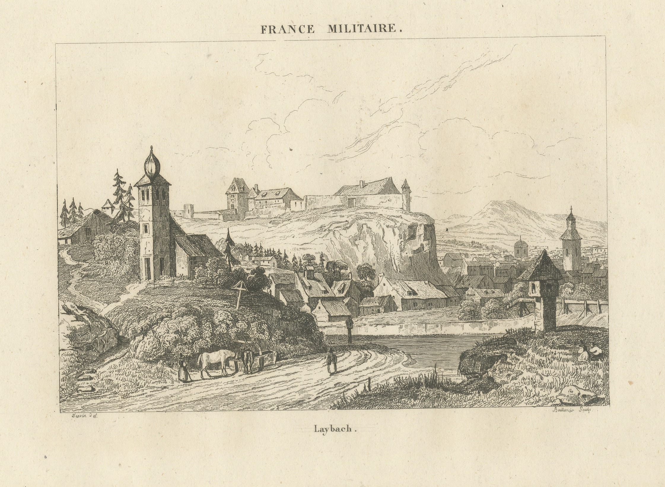 Laybach (Ljubljana), Slovenia, France Militaire, Antique Engraving, circa 1838