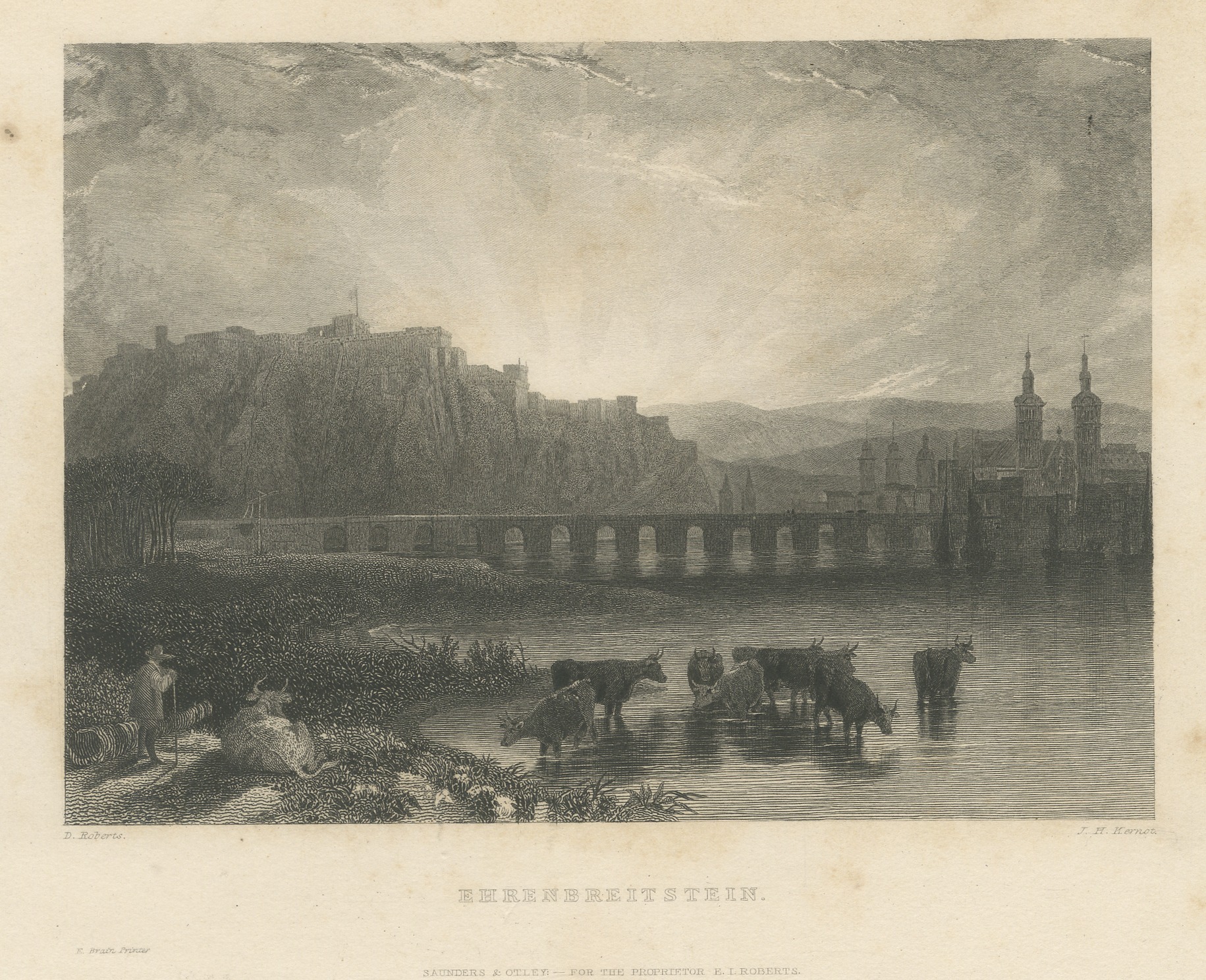 Ehrenbreitstein, Rhine, Antique Steel Engraving after David Roberts, circa 1834