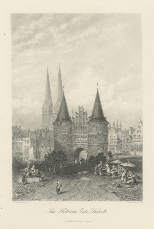 The Holstein Gate, Lubeck, Antique Steel Engraving after Carl Werner, circa 1885