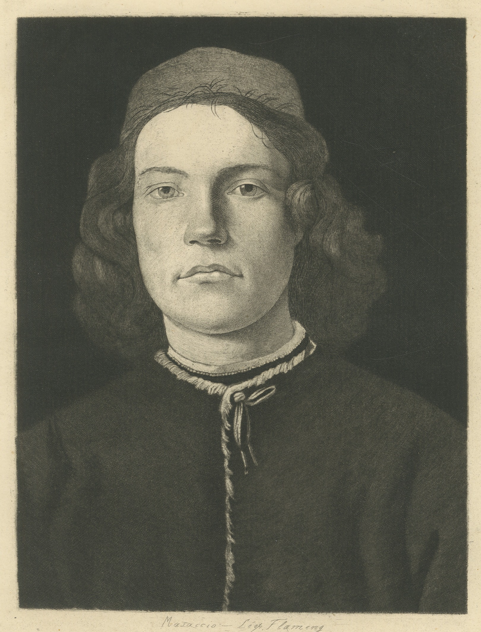 Portrait of a Youth after Botticelli, Etching by Leopold Flameng, circa 1875