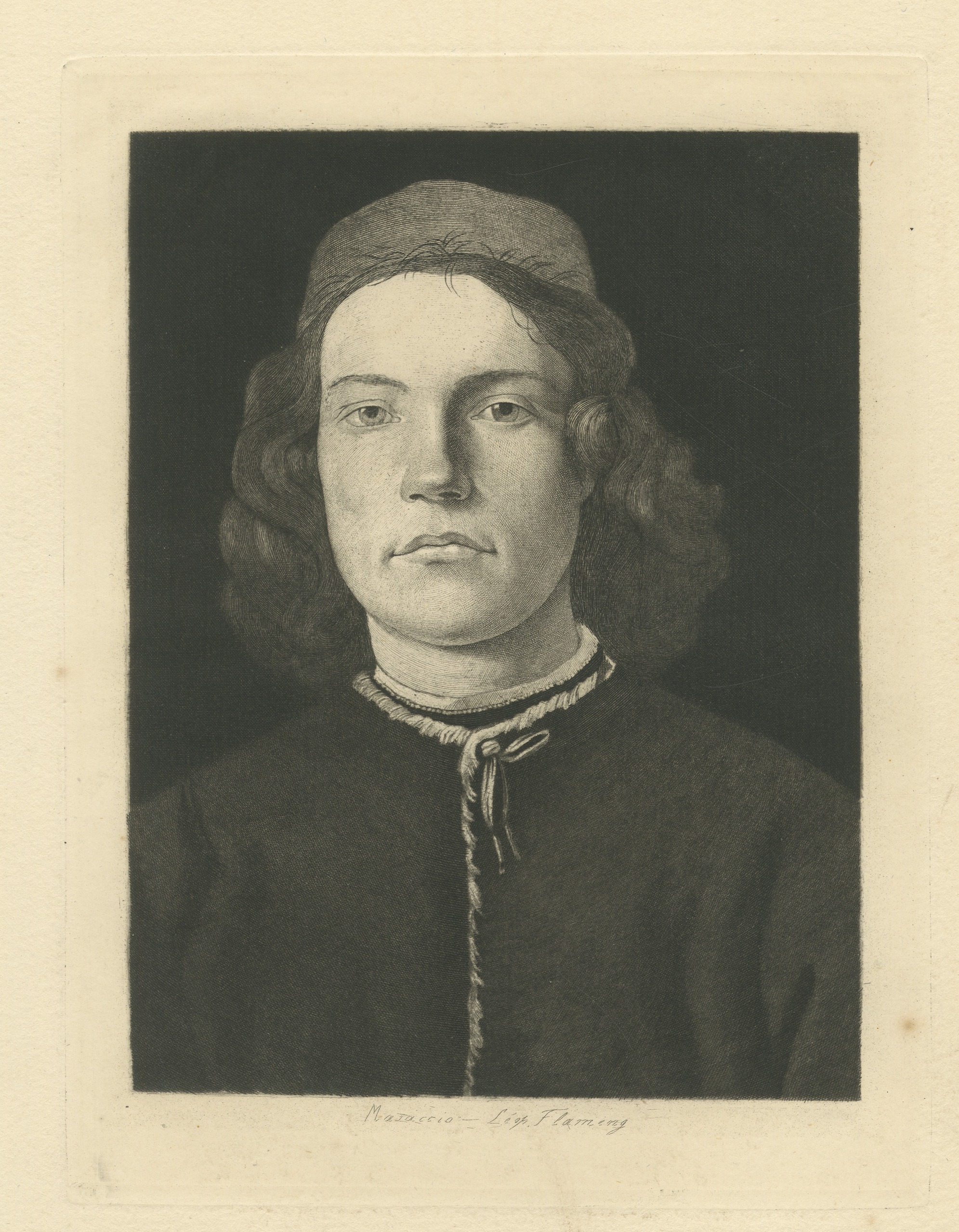 Portrait of a Youth after Botticelli, Etching by Leopold Flameng, circa 1875