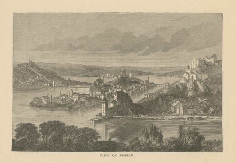 View of Passau on the Danube, Antique Engraving, circa 1880