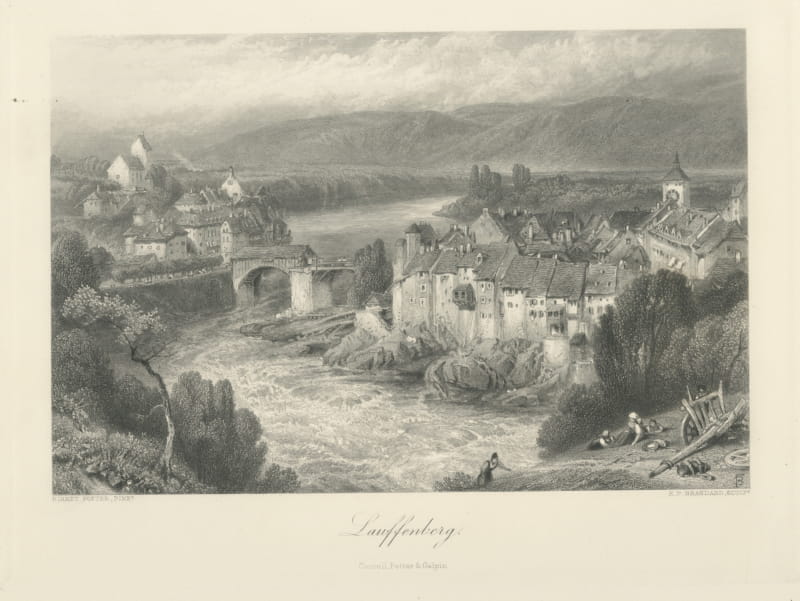 Laufenburg on the Rhine, Antique Steel Engraving after Birket Foster, circa 1877