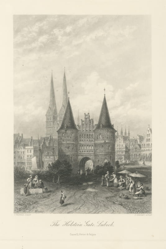 The Holstein Gate, Lubeck, Antique Steel Engraving after Carl Werner, circa 1877