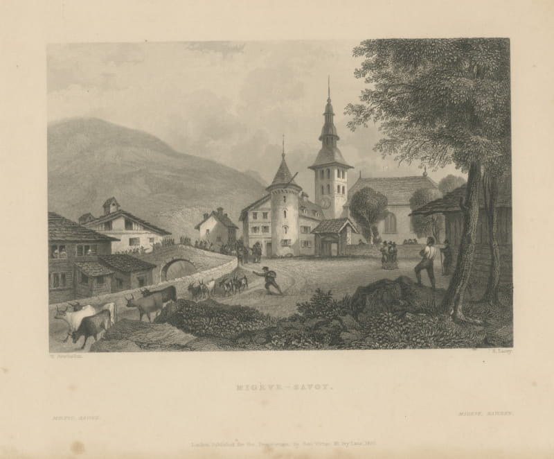Megeve (Migeve), Savoy, Antique Steel Engraving after W. Brockedon, 1837