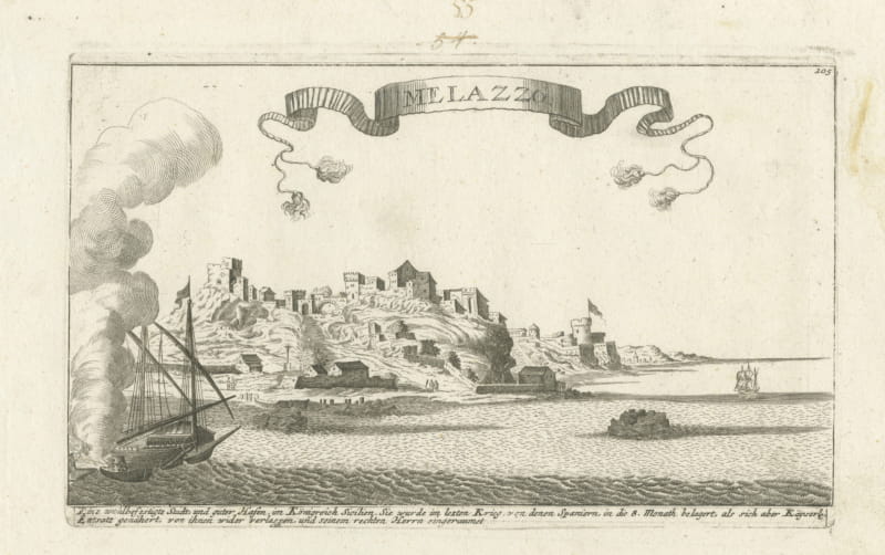 Milazzo (Melazzo), Sicily, Siege of 1718, Antique Engraving, circa 1720