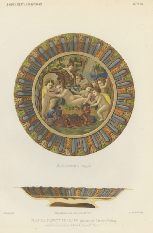 Palissy Enameled Faience Dish, Antique Chromolithograph, Lacroix, 1851