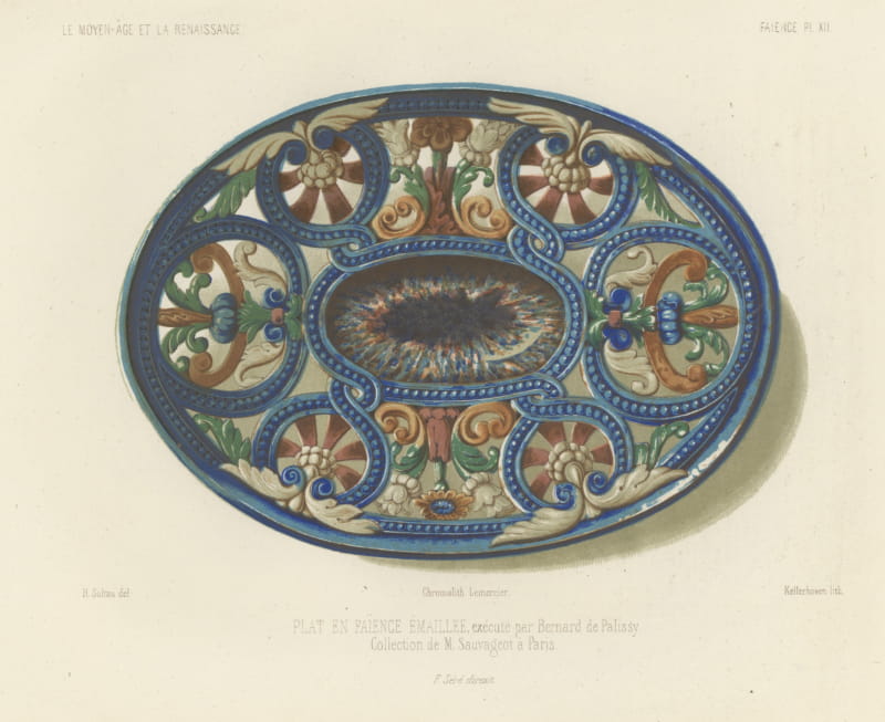 Palissy Faience Dish, Sauvageot Collection, Antique Print, 1851