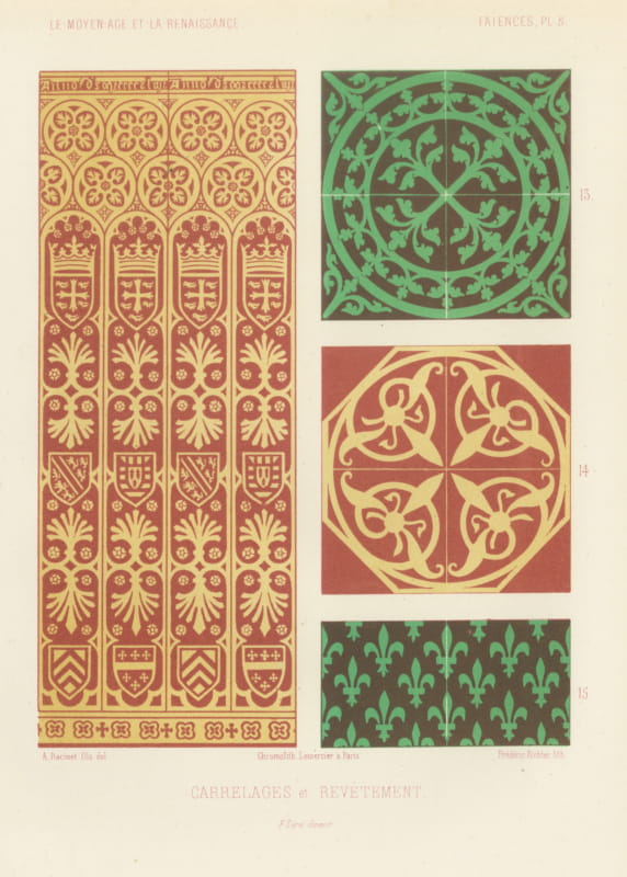 Medieval Floor Tiles and Wall Facing, Antique Print, 1851
