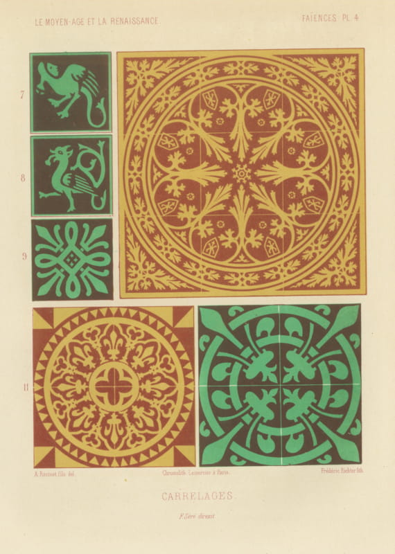 Medieval Floor Tiles, Racinet Design, Antique Print, 1851