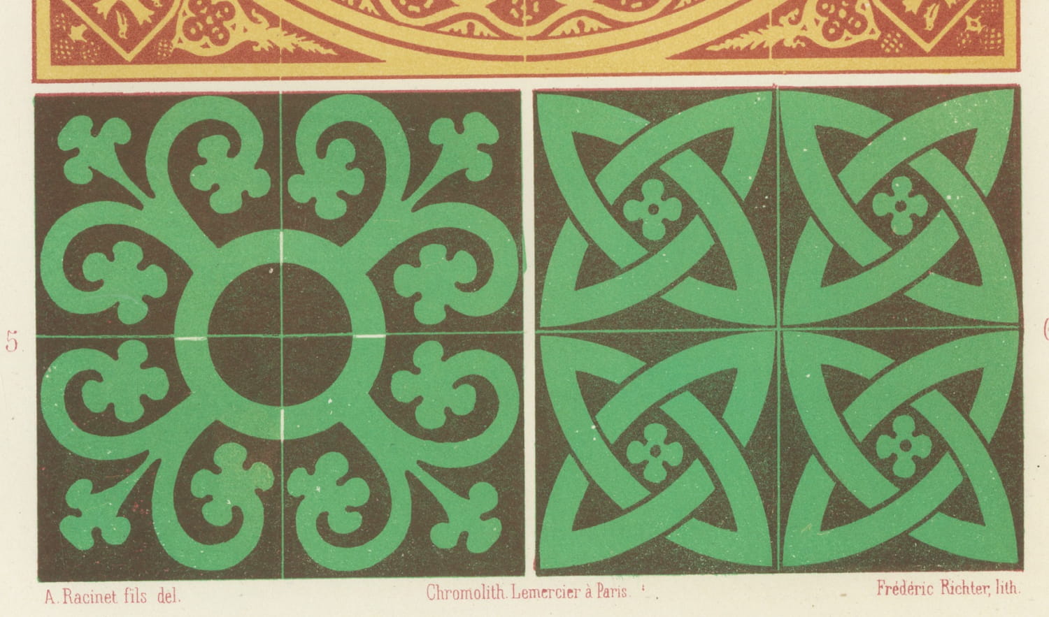 Medieval Floor Tiles, Foliate and Interlaced Patterns, Antique Print, 1851