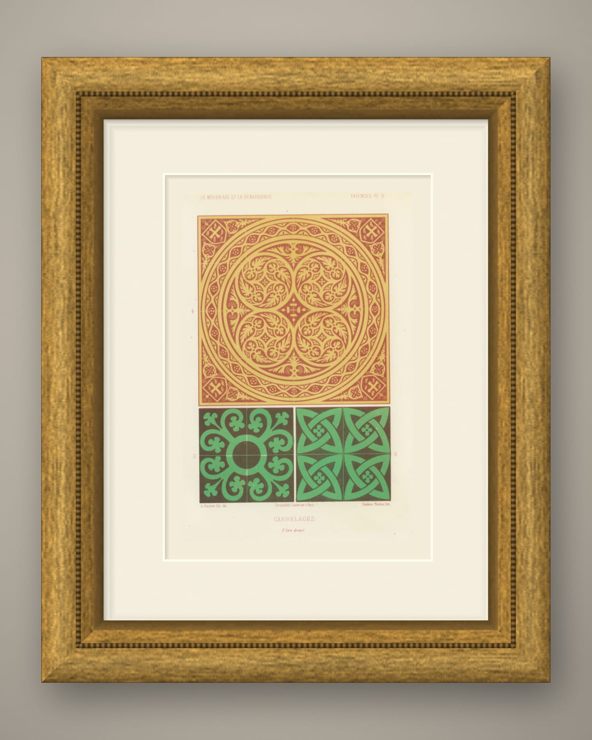 Medieval Floor Tiles, Foliate and Interlaced Patterns, Antique Print, 1851