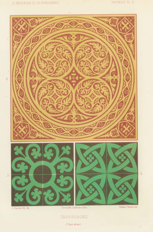 Medieval Floor Tiles, Foliate and Interlaced Patterns, Antique Print, 1851