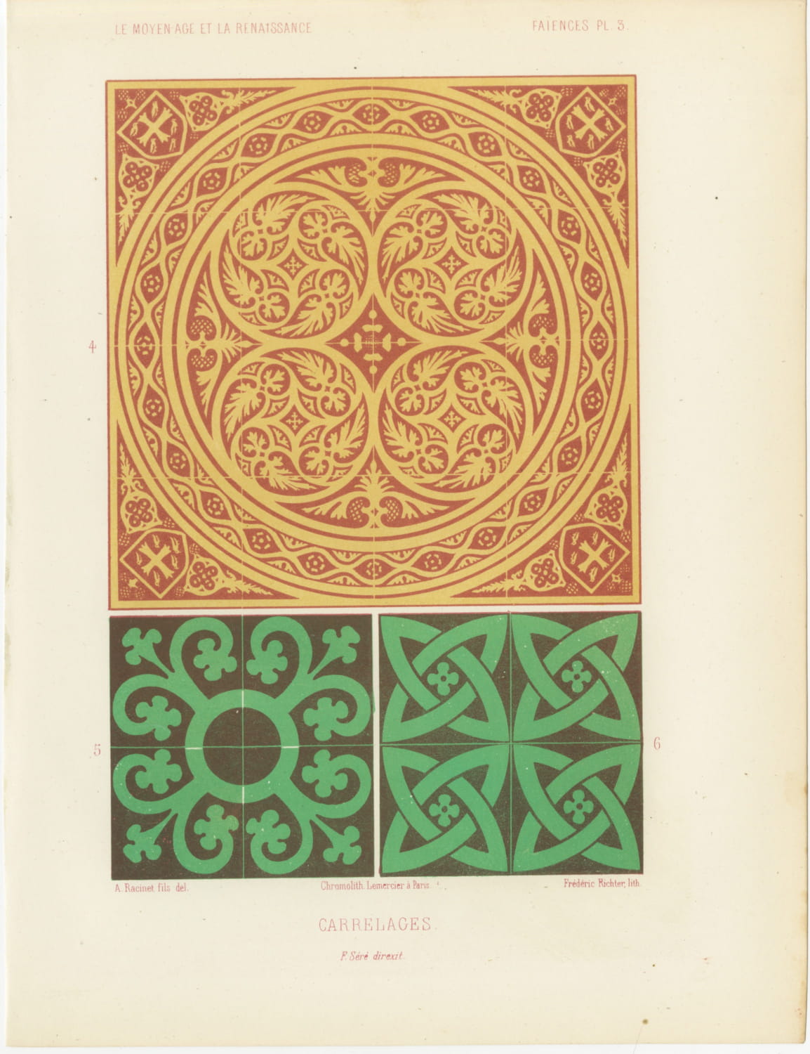 Medieval Floor Tiles, Foliate and Interlaced Patterns, Antique Print, 1851