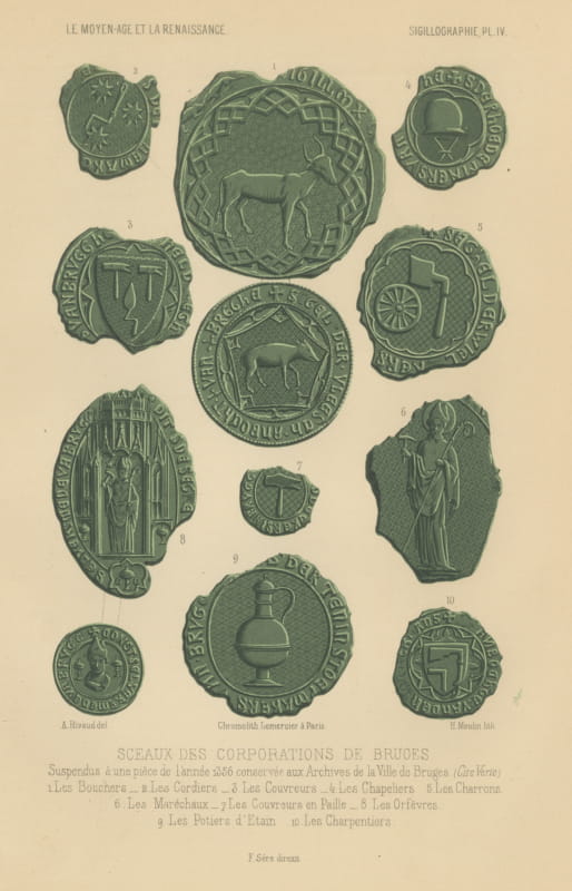 Seals of the Guilds of Bruges, 1356, Antique Chromolithograph, 1851