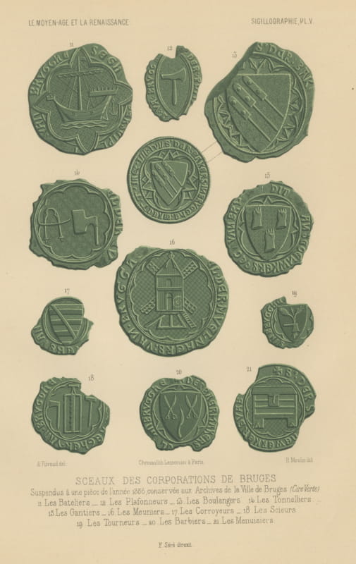 Seals of the Guilds of Bruges, Bakers and Coopers, Antique Print, 1851