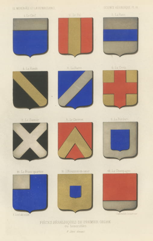 Honorable Ordinaries in Heraldry, Antique Chromolithograph, 1851