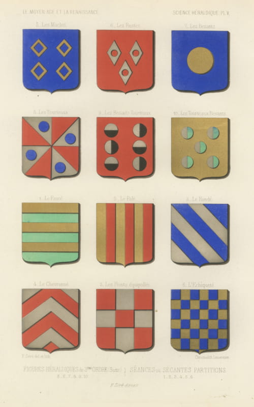 Heraldic Figures and Secant Partitions, Antique Print, 1851