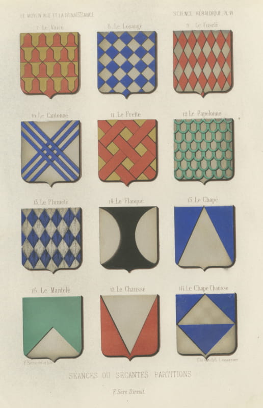 Secant Partitions in Heraldry, Antique Chromolithograph, 1851