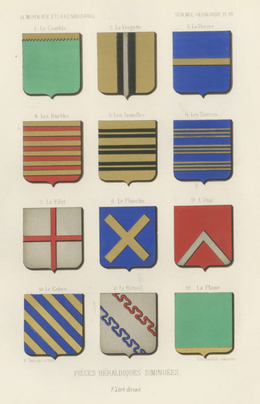 Diminished Heraldic Ordinaries, Antique Chromolithograph, 1851