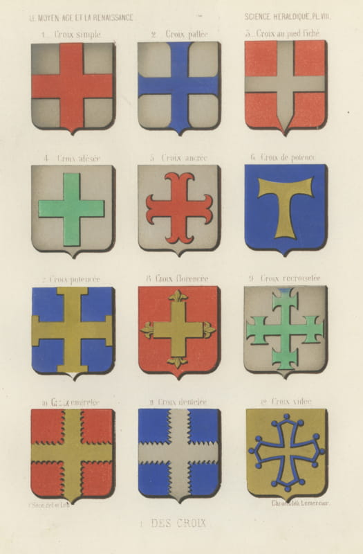 Heraldic Crosses, Twelve Forms, Antique Chromolithograph, 1851