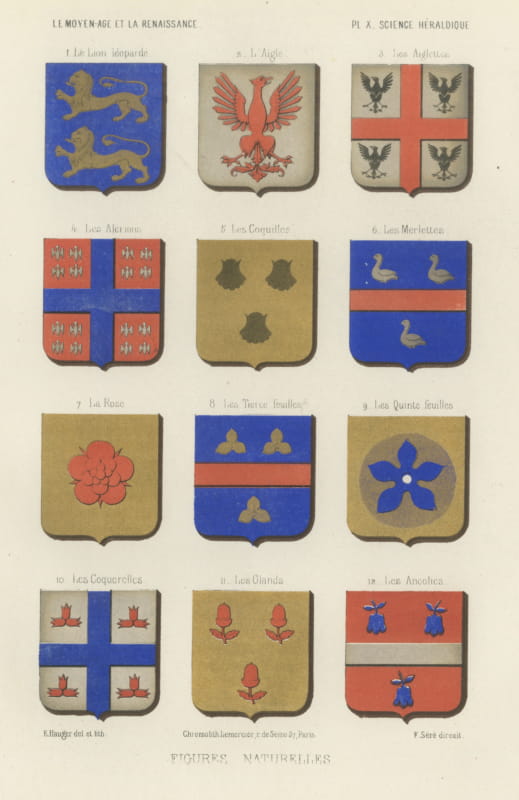 Natural Figures in Heraldry, Lions and Eagles, Antique Print, 1851