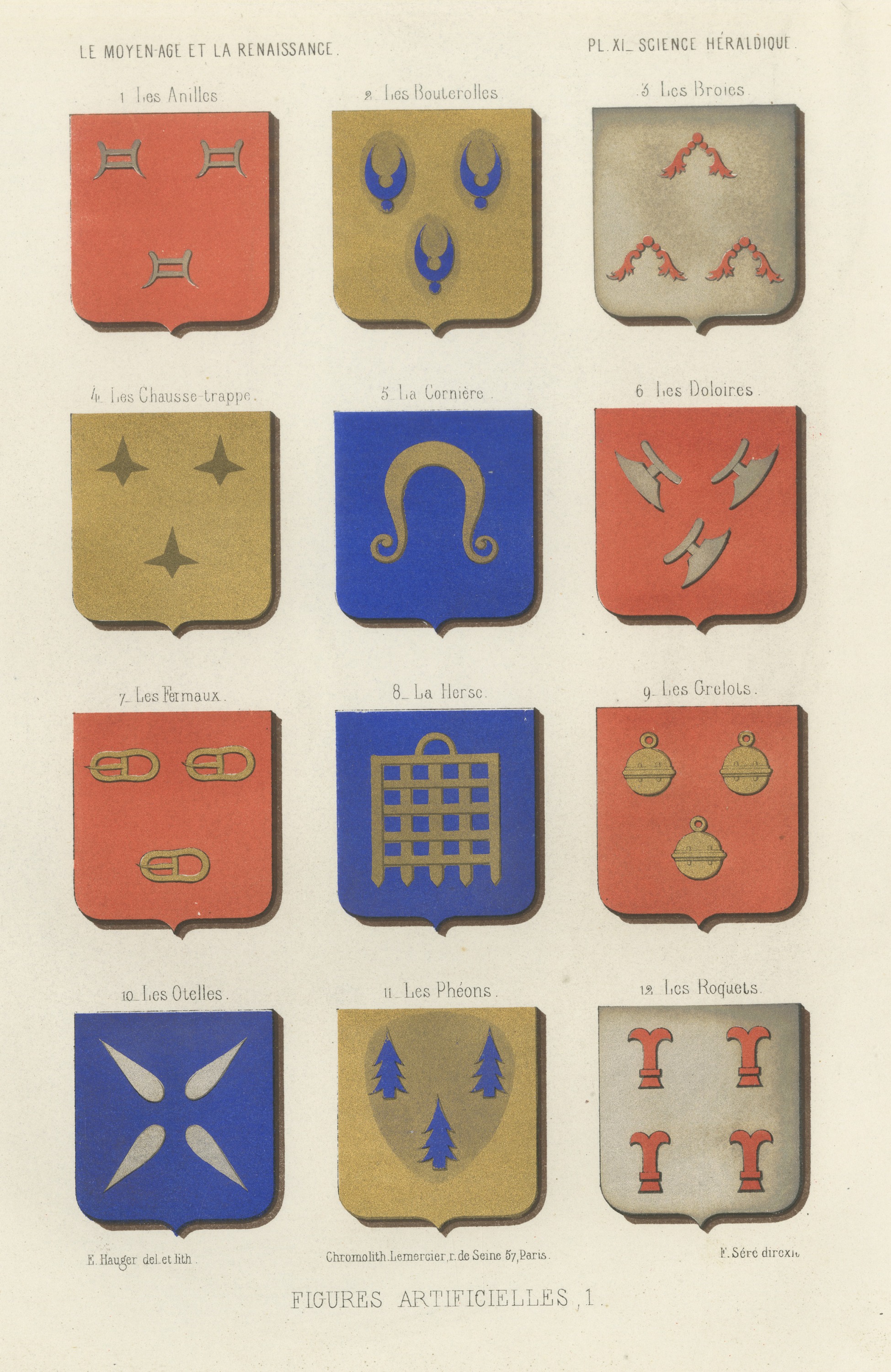 Artificial Figures in Heraldry, Antique Chromolithograph, 1851