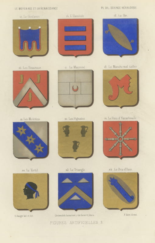 Artificial Figures in Heraldry, Second Plate, Antique Print, 1851