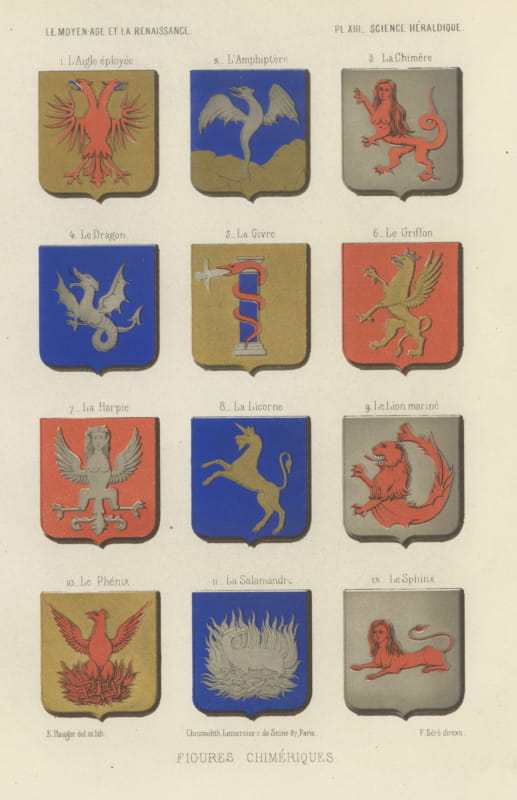 Chimerical Beasts in Heraldry, Dragons and Griffins, Antique Print, 1851