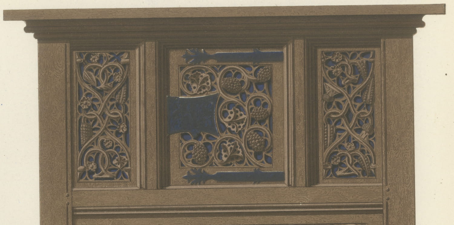German Carved Oak Cabinet, Fifteenth Century, Geisenheim, Antique Print, 1851