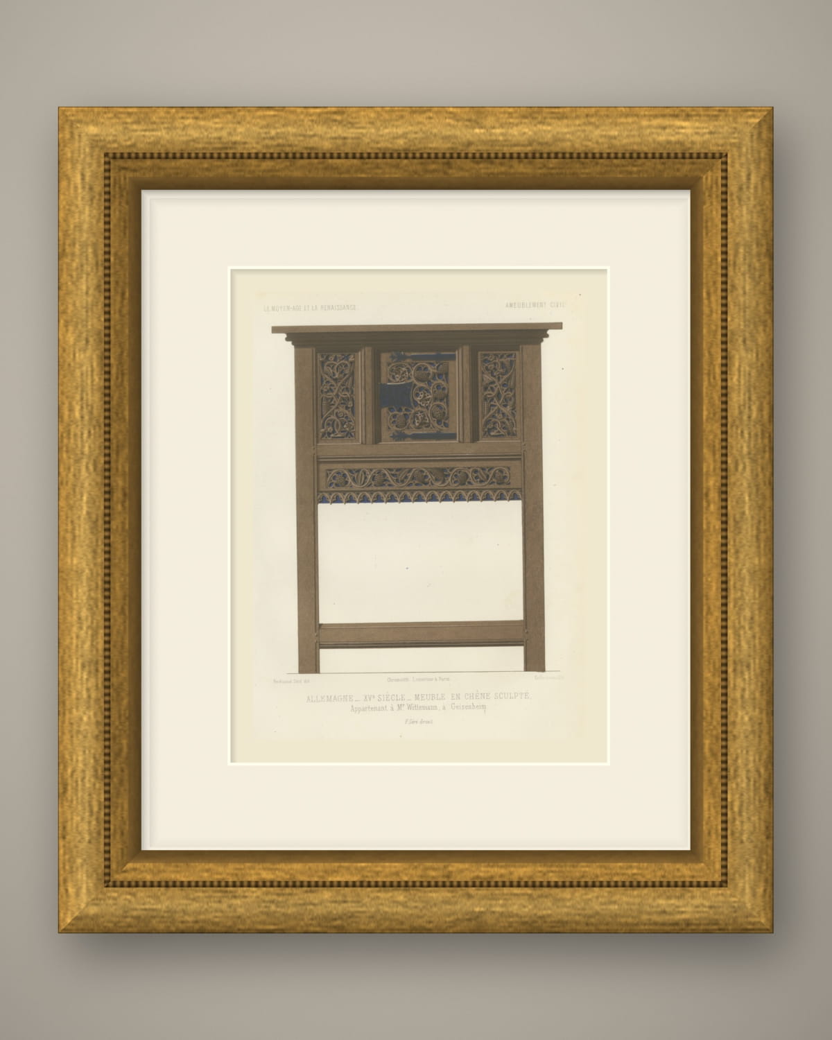 German Carved Oak Cabinet, Fifteenth Century, Geisenheim, Antique Print, 1851