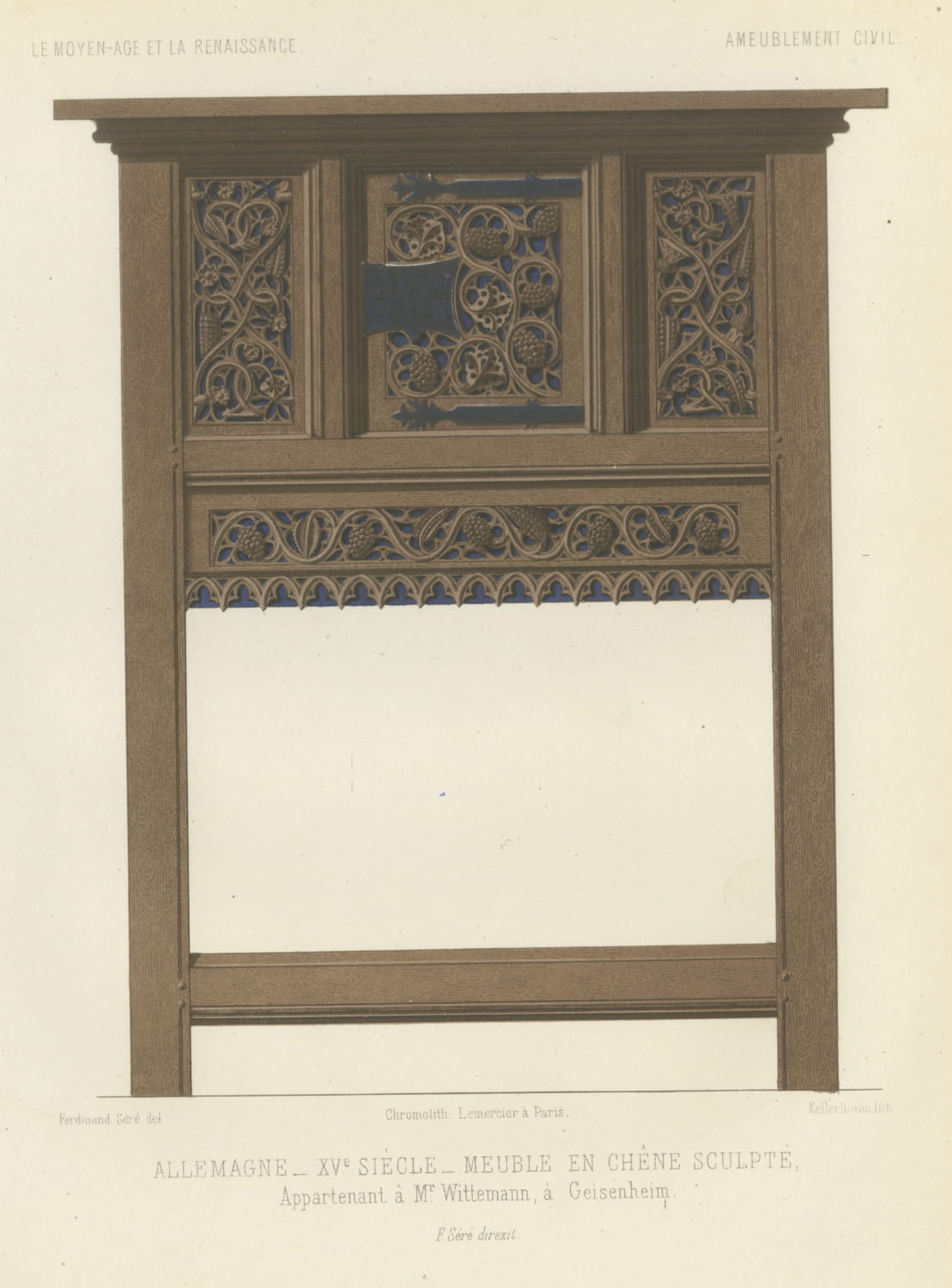 German Carved Oak Cabinet, Fifteenth Century, Geisenheim, Antique Print, 1851