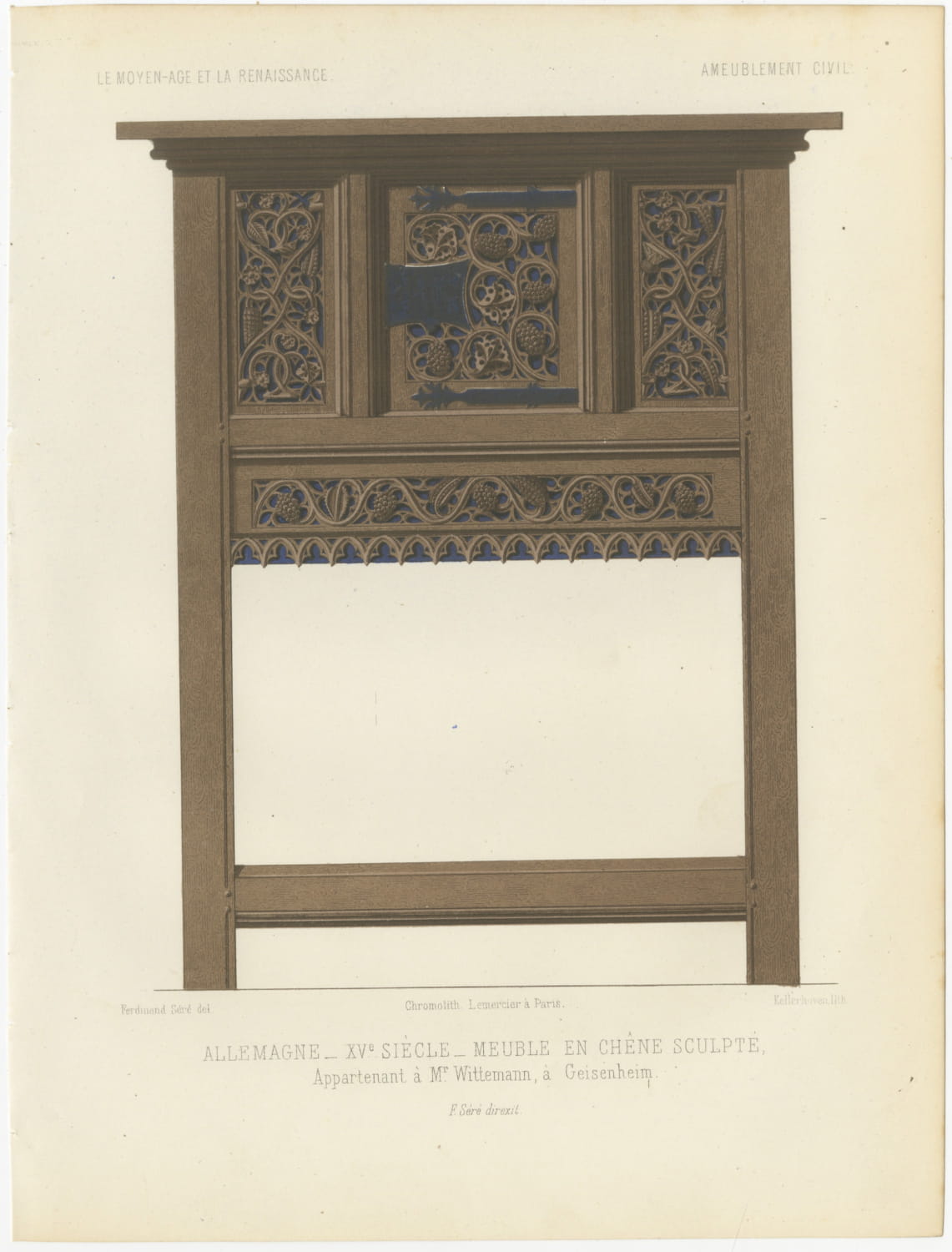German Carved Oak Cabinet, Fifteenth Century, Geisenheim, Antique Print, 1851