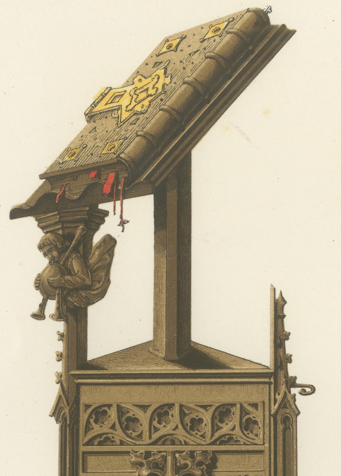 Carved Wooden Lectern at Aosta, Fifteenth Century, Antique Print, 1851