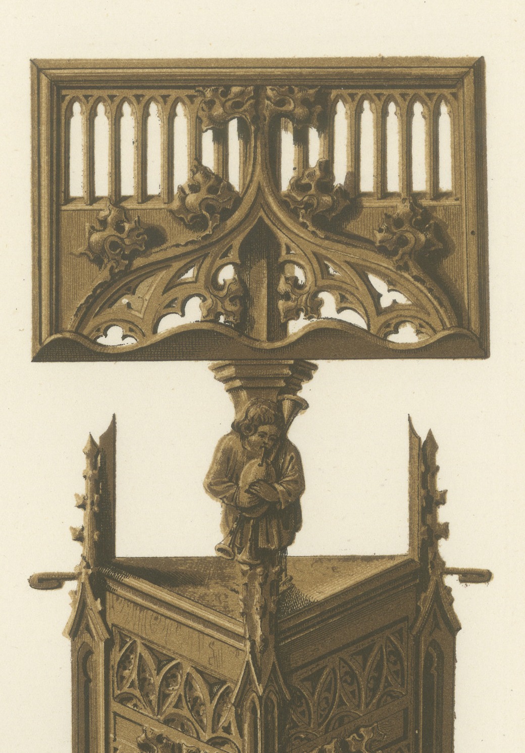 Carved Wooden Lectern at Aosta, Fifteenth Century, Antique Print, 1851