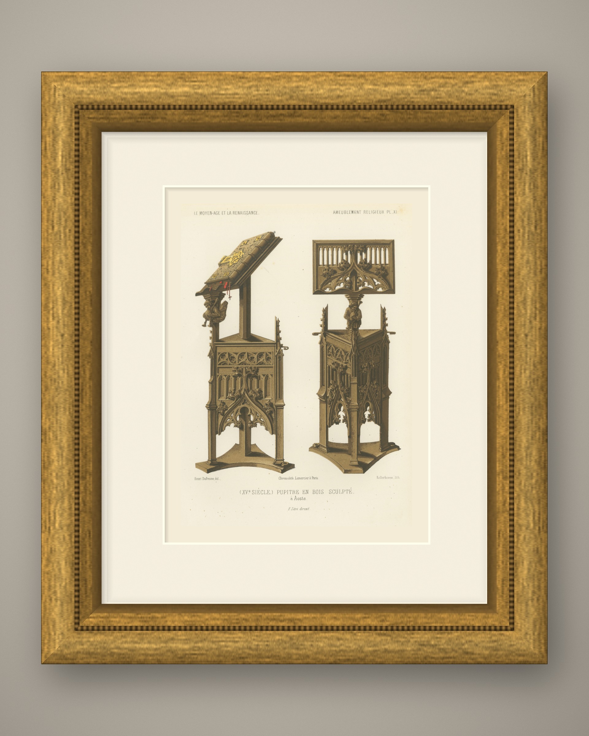 Carved Wooden Lectern at Aosta, Fifteenth Century, Antique Print, 1851